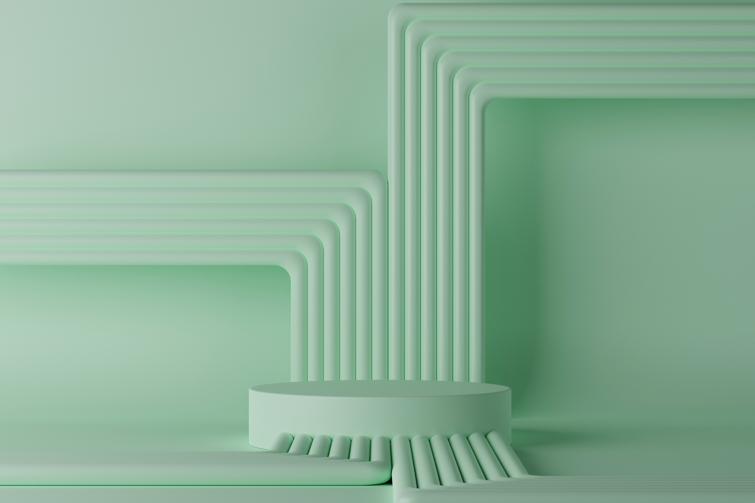3D Render Empty Cylinder Podium with Pipes