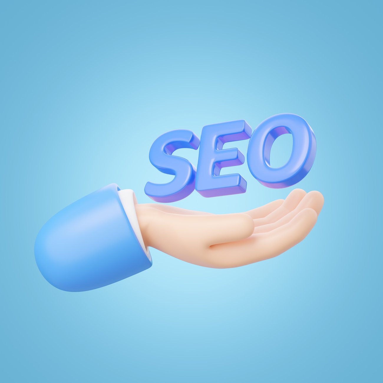 3D SEO floating in hand isolated on blue background. Businessman