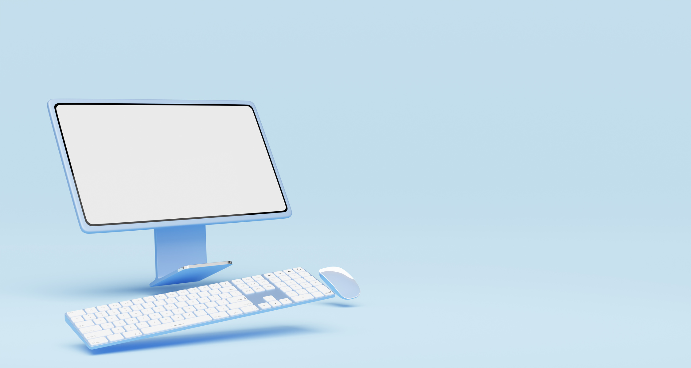 Computer monitor with wireless mouse, keyboard float on blue